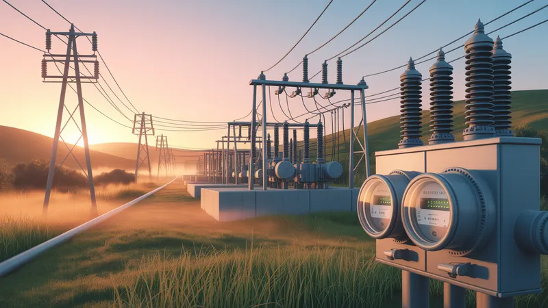 Subestación e infraestructura de medición de una utility regulada al amanecer, que ilustra el contexto físico del ciclo meter-to-cash.