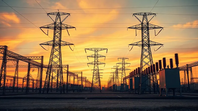 Subestación eléctrica latinoamericana al atardecer, con torres de transmisión de alta tensión, representando la infraestructura de utilities de la región
