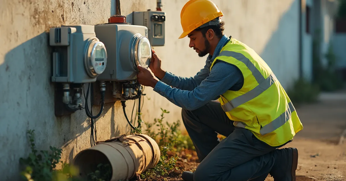 Técnico de campo de una distribuidora eléctrica reemplaza un medidor electromecánico por uno digital en la fachada de una vivienda