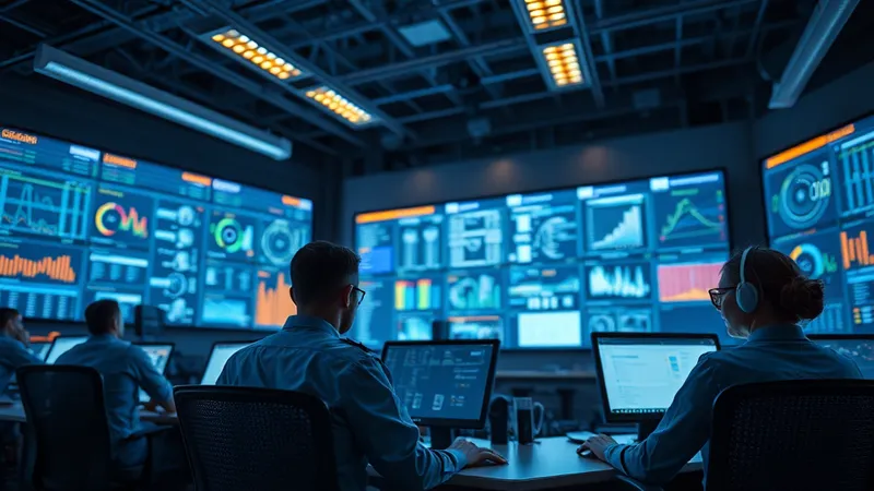 Sala de control de operaciones de una empresa de servicios públicos monitoreando datos de red en tiempo real