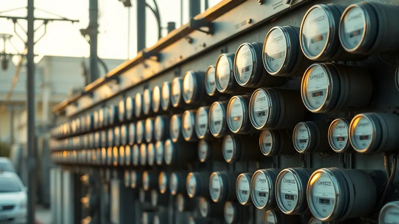 Fila extensa de medidores eléctricos analógicos convencionales montados en un tablero de distribución urbano, con luz cálida de tarde.