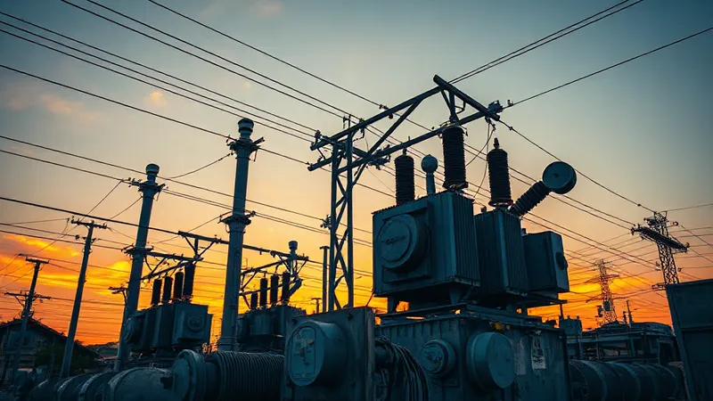 Subestación eléctrica de distribución al atardecer en entorno urbano-industrial latinoamericano, con transformadores de alta tensión y líneas de transmisión convergentes.