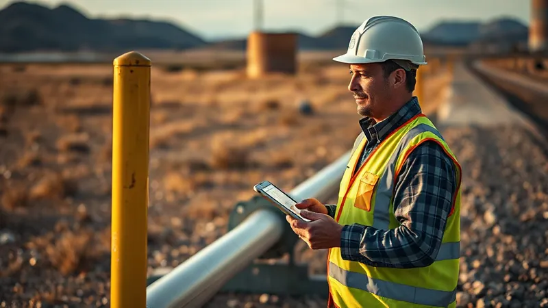 Técnico de derecho de vía junto a un poste señalizador de ducto en una planicie costera, consultando en una tableta un mapa con tramos de colores.