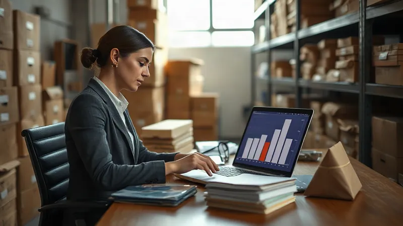 Analista de cumplimiento de una distribuidora eléctrica revisa carpetas de archivo junto a una laptop, con estantes de cajas de archivo al fondo.