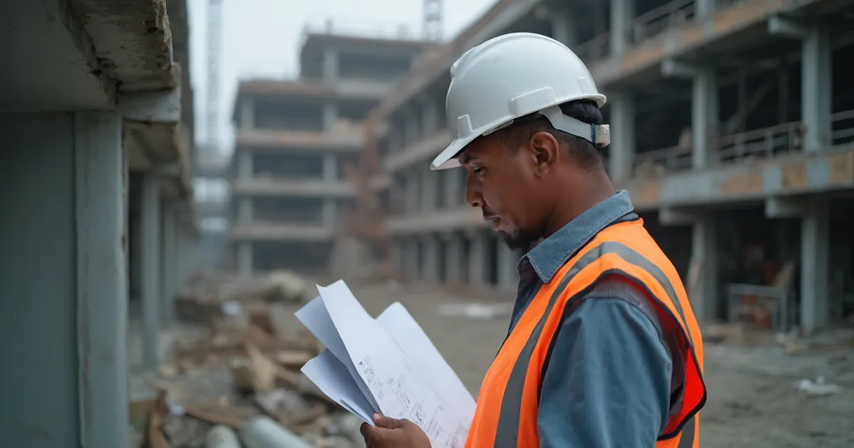 Ingeniero con casco blanco inspecciona la estructura de acero de un edificio rodeado de andamios, en etapa temprana de obra
