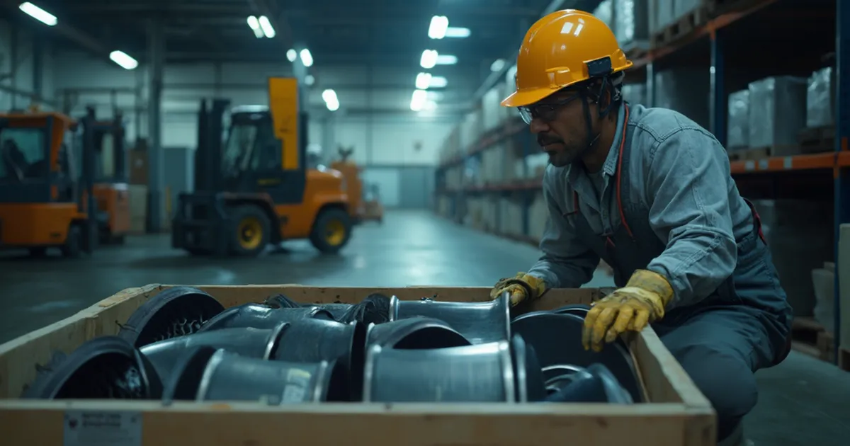 Una persona del área de almacén revisa piezas recibidas en una instalación industrial.