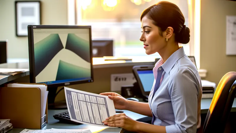 Representante de atención al cliente de una utility revisando una disputa de facturación en su computador, con documentos impresos sobre el escritorio