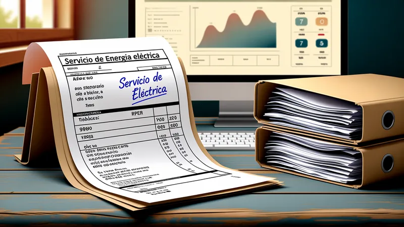 Documentos de facturación impresos y una carpeta de archivos sobre un escritorio, con un monitor desenfocado al fondo mostrando indicadores abstractos