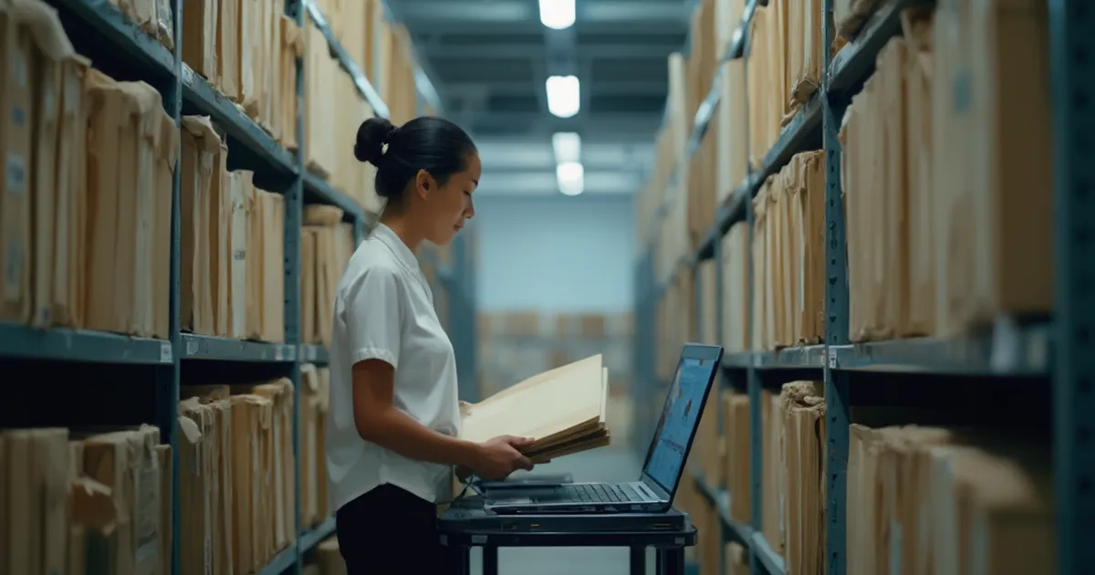 Una analista de datos de subsuelo toma una carpeta gruesa de un estante metálico en el pasillo de un archivo documental, con una laptop abierta sobre un carrito a su lado.