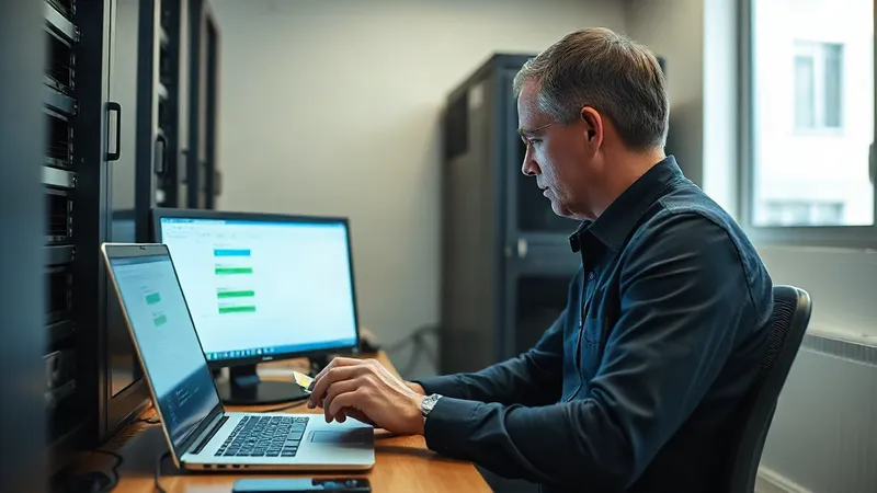 Especialista de seguridad informática de una empresa eléctrica inserta una tarjeta inteligente en un lector junto a su laptop, en una sala de redes con racks de equipos.