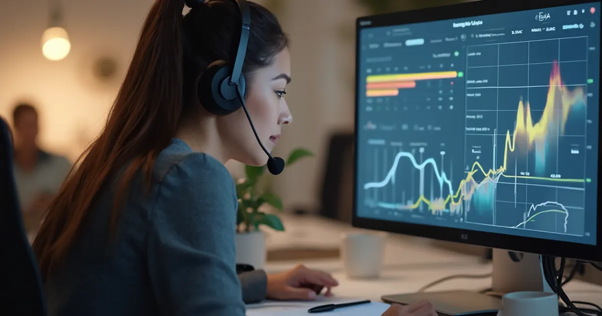 Escritorio de atención al cliente en una empresa de servicios públicos, con auriculares y pantalla de indicadores desenfocada