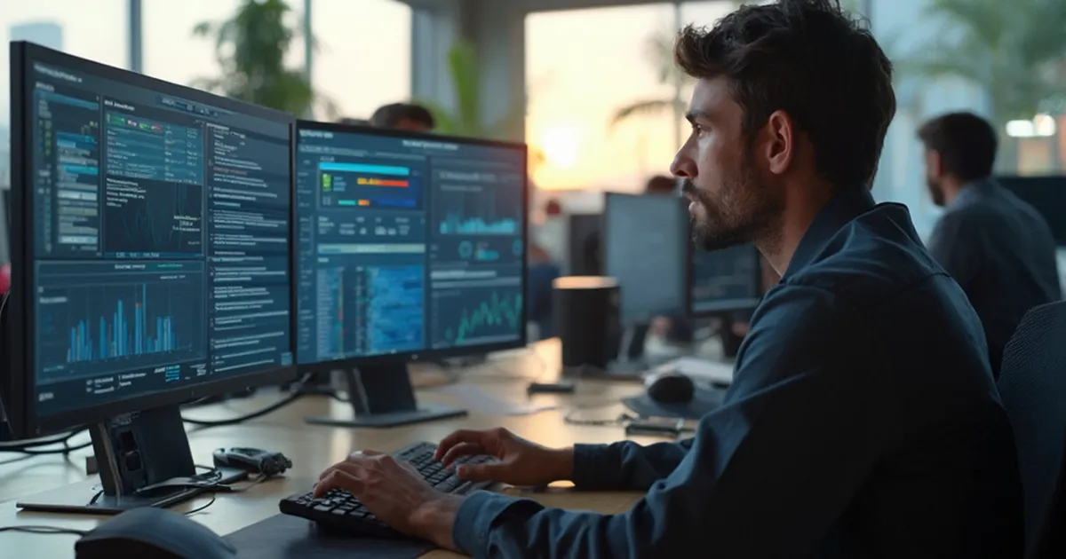 Analista de Basis y licenciamiento SAP revisando roles de autorización en dos monitores durante una renovación de contrato RISE