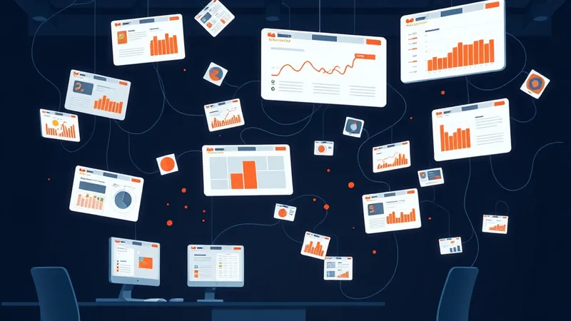 Ecosistema empresarial fragmentado con múltiples aplicaciones desconectadas flotando en un espacio oscuro, simbolizando el caos del stack tecnológico pre-transformación