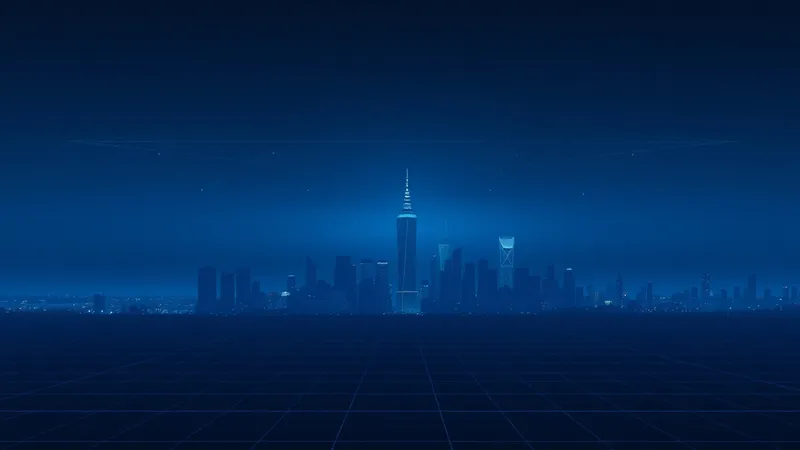 Silueta minimalista de ciudad digital en el horizonte al atardecer azul con resplandor eléctrico tenue, representando la visión de futuro sostenido post-transformación
