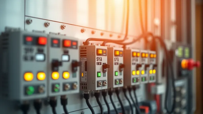Fila de relés de protección y dispositivos electrónicos inteligentes montados en un panel de control de subestación de distribución