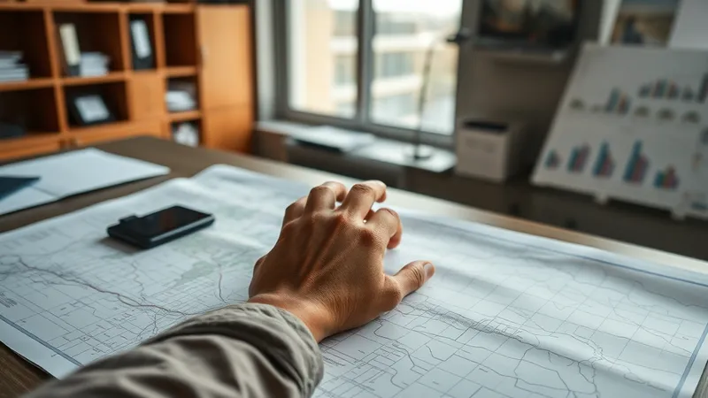 Ingeniero de planeación revisando un mapa de red de distribución eléctrica sobre un escritorio en una oficina de una distribuidora eléctrica en América Latina.