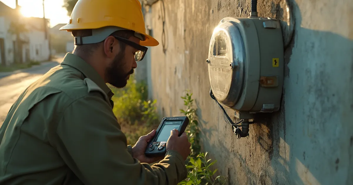 Medidor eléctrico convencional montado en la fachada de una vivienda, con luz cálida de tarde