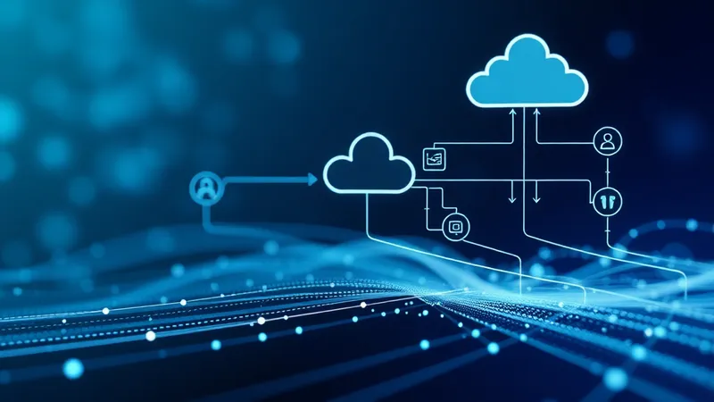 Visualización abstracta de flujos de automatización empresarial conectando servicios cloud y procesos de negocio mediante streams de datos