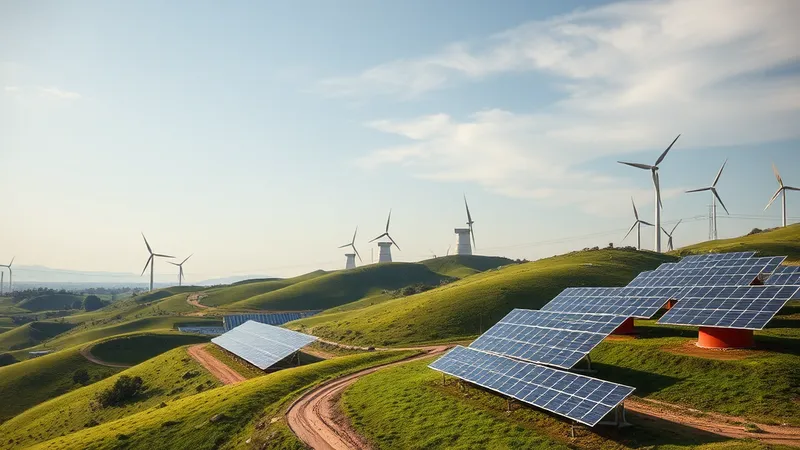 Paisaje semirrural latinoamericano con turbinas eólicas pequeñas, paneles solares en suelo y una línea de distribución eléctrica cruzando colinas.