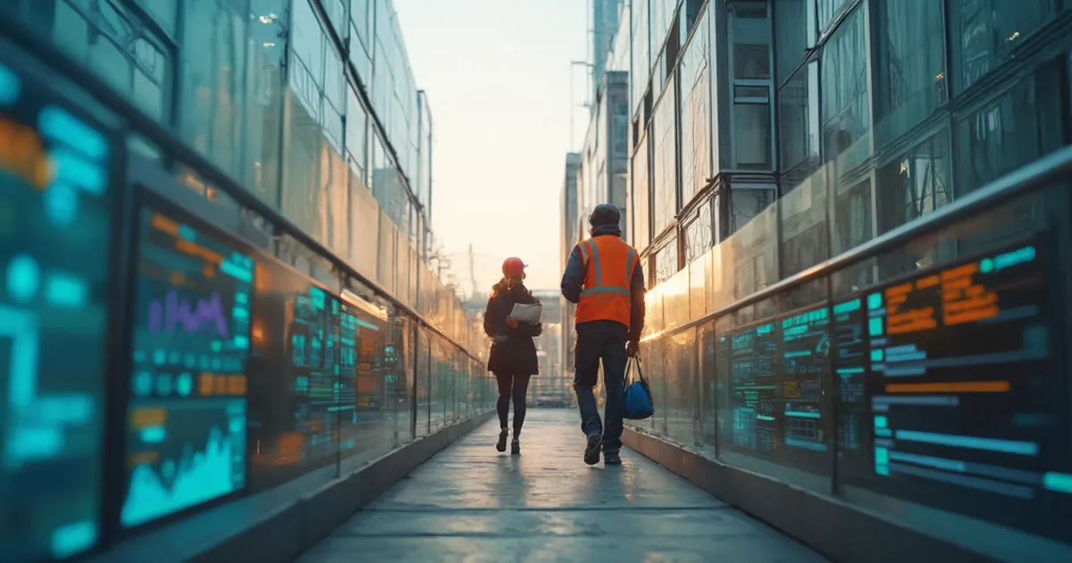 Dos edificios de arquitectura distinta conectados por un puente peatonal de vidrio bajo la luz del atardecer
