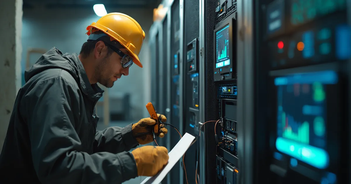 Dos técnicos con casco, lentes de seguridad y guantes miden con pinza amperimétrica la salida de un UPS en un cuarto de equipos.