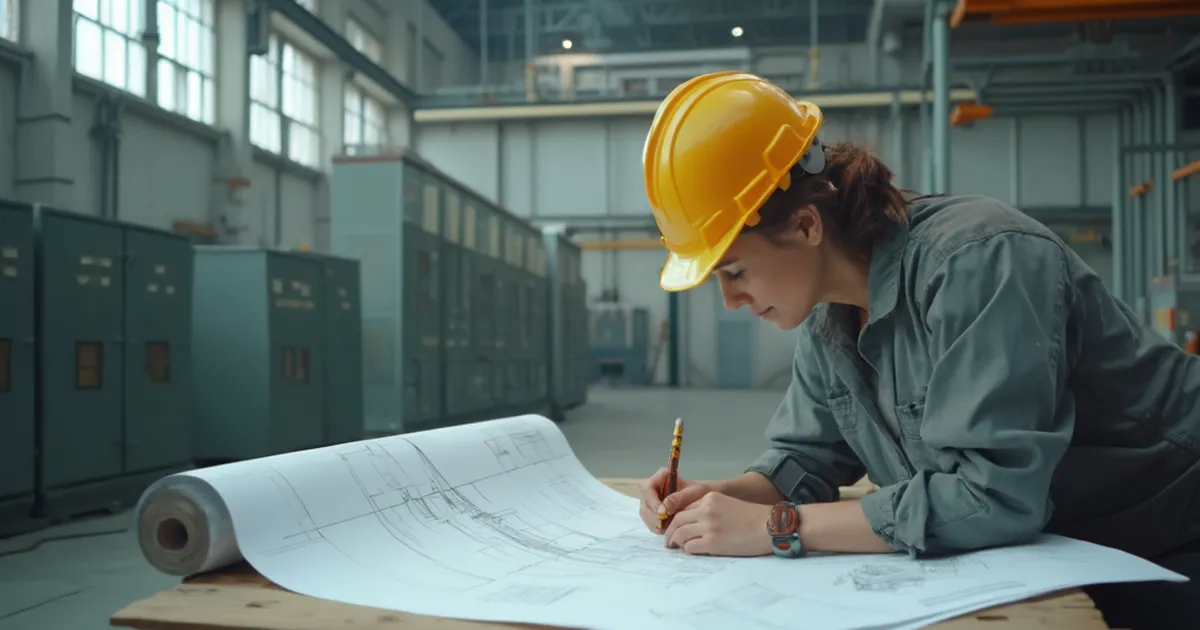 Planos de una subestación eléctrica desplegados sobre una mesa de dibujo con regla T y lápiz técnico