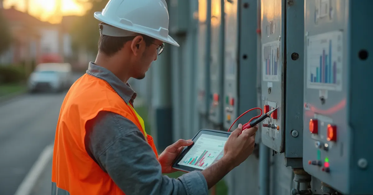 Técnico de distribución eléctrica revisando con un multímetro un panel exterior durante la mañana
