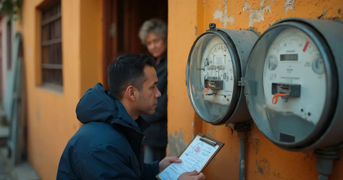 Técnico de una distribuidora eléctrica revisa un medidor de esferas en la fachada de una vivienda mientras la clienta observa desde la puerta