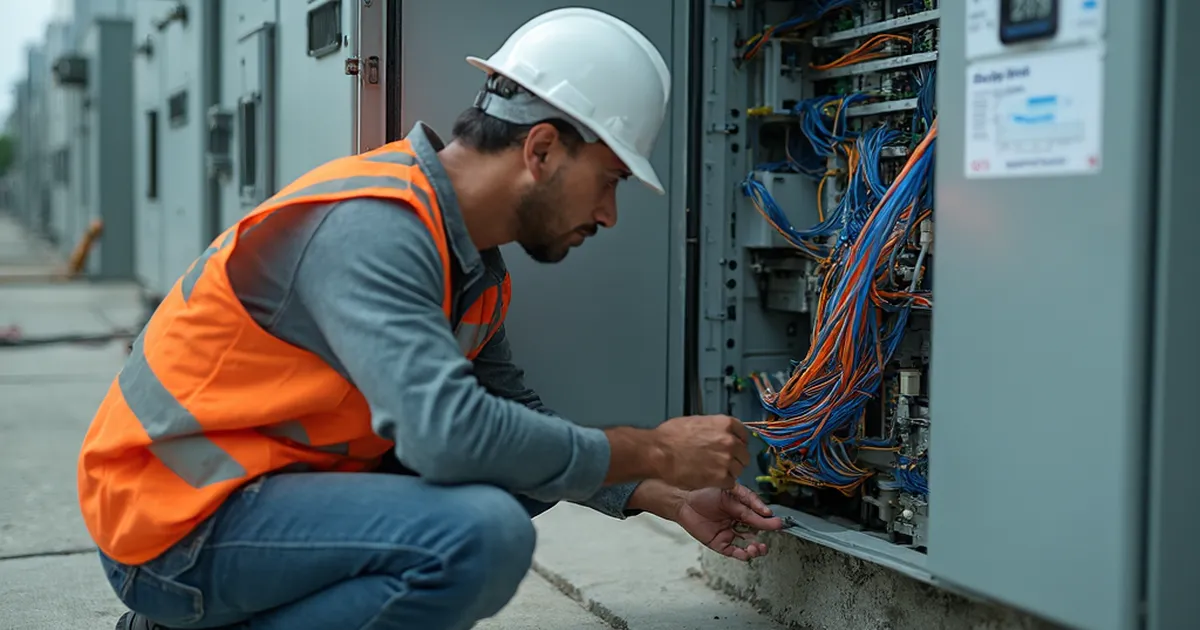 Técnico de campo revisa un gabinete de comunicaciones exterior donde múltiples cables convergen en un concentrador de datos