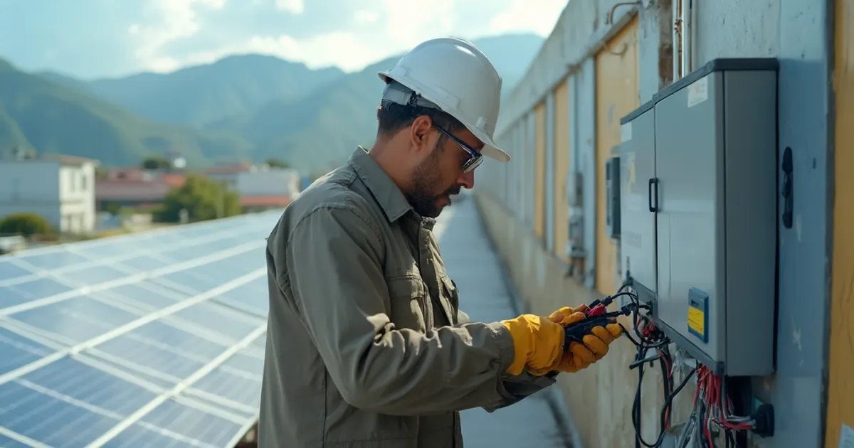Una persona del área de energía conecta un equipo de medición junto a una fila de paneles solares en la azotea de un edificio.