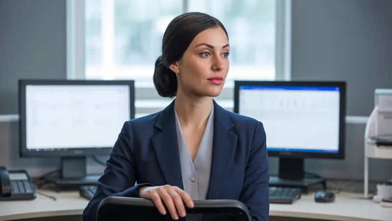 Analista de facturación de una empresa de servicios públicos revisando tableros de analítica en dos monitores en una oficina de back-office.