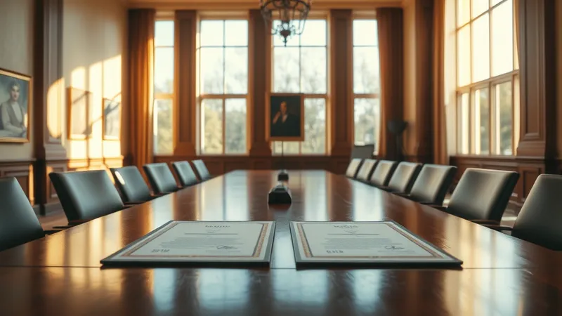 Salón institucional con documentos oficiales firmados sobre mesa de caoba iluminada por luz cálida de tarde — representación de los acuerdos alcanzados en los últimos 70 días
