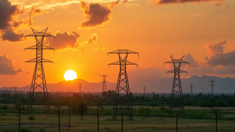 Torres de transmisión eléctrica al atardecer en los llanos venezolanos con montañas al fondo — infraestructura del Sistema Eléctrico Nacional en proceso de recuperación