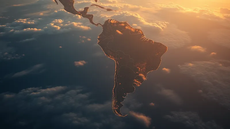 Vista aérea del continente sudamericano al amanecer con el Caribe iluminado por luz dorada — representación de Venezuela volviendo al mapa regional de inversión