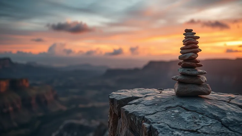 Pila de piedras cuidadosamente balanceadas en el borde de un acantilado al atardecer — metáfora del equilibrio entre oportunidad y riesgo calculado